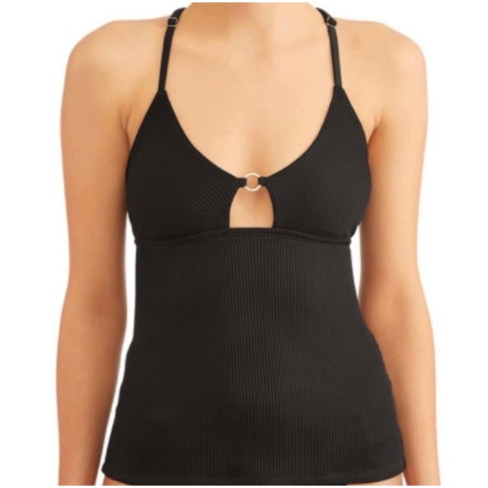 Unbranded Tankini Top Women M Black Ribbed Strappy O-Ring Keyhole Swimwear